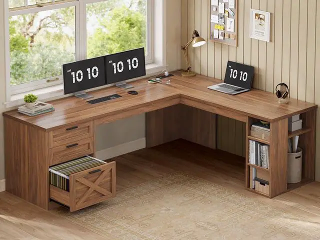 Alt view image 6 of 6 - 67" Farmhouse L Shaped Desk with 3 Drawers, Executive Home Office Desks with Storage Shelves, Corner Computer Desk with Power Outlets for Home Office, Brown
