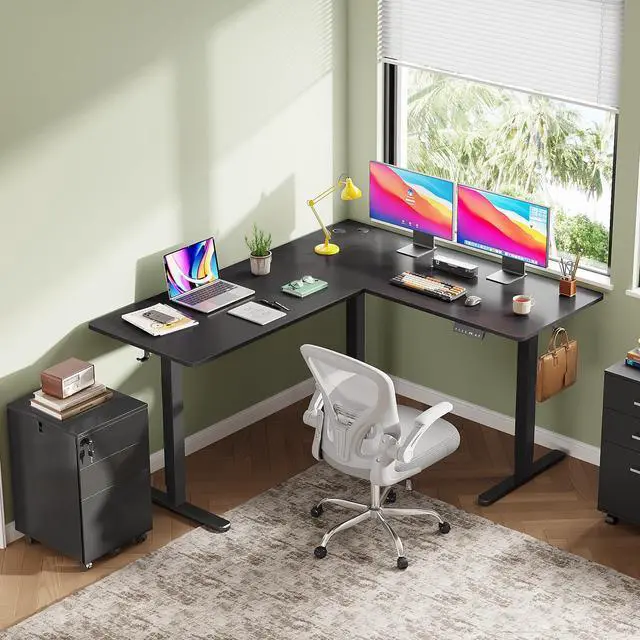 Alt view image 2 of 6 - 63 Inch L Shaped Electric Standing Desk, 3 Adjustable Computer Desk for Home Office, Ergonomic Sit to Stand Desk with LED Touchscreen,Headphone Hook, 3 Memory Preset, with Split Top, Maple