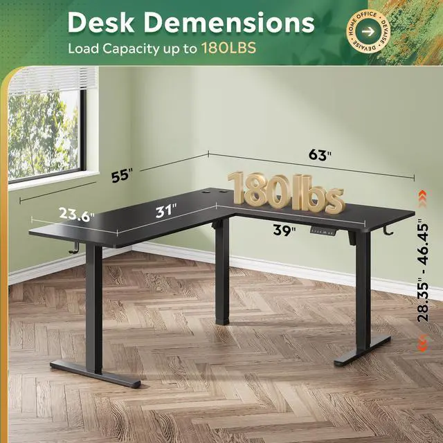 Alt view image 3 of 6 - 63 Inch L Shaped Electric Standing Desk, 3 Adjustable Computer Desk for Home Office, Ergonomic Sit to Stand Desk with LED Touchscreen,Headphone Hook, 3 Memory Preset, with Split Top, Maple