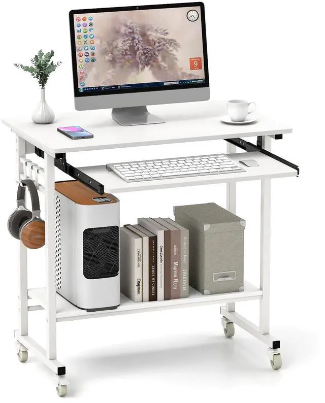 Main image of Rolling Computer Desk Cart with Keyboard Tray, Mobile Portable Laptop PC Desk with CPU Stand & 3 Hooks for Sofa & Bed, Compact Small Desk on Wheels for Small Spaces (White)