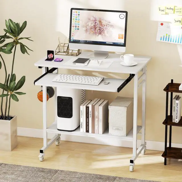 Alt view image 2 of 6 - Rolling Computer Desk Cart with Keyboard Tray, Mobile Portable Laptop PC Desk with CPU Stand & 3 Hooks for Sofa & Bed, Compact Small Desk on Wheels for Small Spaces (White)