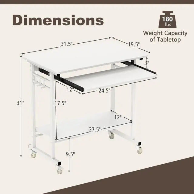 Alt view image 3 of 6 - Rolling Computer Desk Cart with Keyboard Tray, Mobile Portable Laptop PC Desk with CPU Stand & 3 Hooks for Sofa & Bed, Compact Small Desk on Wheels for Small Spaces (White)
