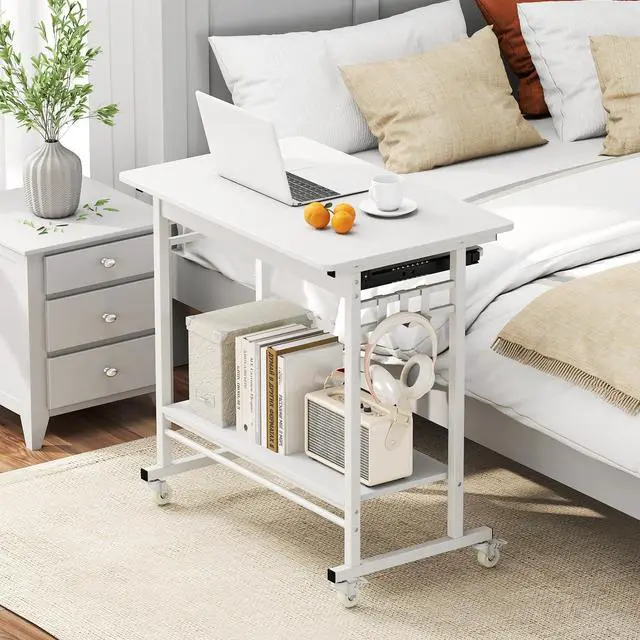 Alt view image 4 of 6 - Rolling Computer Desk Cart with Keyboard Tray, Mobile Portable Laptop PC Desk with CPU Stand & 3 Hooks for Sofa & Bed, Compact Small Desk on Wheels for Small Spaces (White)