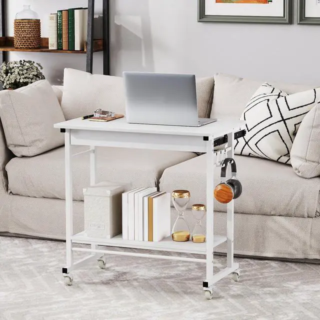 Alt view image 5 of 6 - Rolling Computer Desk Cart with Keyboard Tray, Mobile Portable Laptop PC Desk with CPU Stand & 3 Hooks for Sofa & Bed, Compact Small Desk on Wheels for Small Spaces (White)