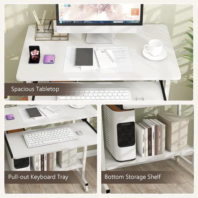 Alt view image 6 of 6 - Rolling Computer Desk Cart with Keyboard Tray, Mobile Portable Laptop PC Desk with CPU Stand & 3 Hooks for Sofa & Bed, Compact Small Desk on Wheels for Small Spaces (White)