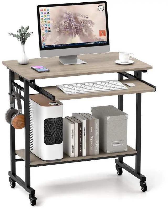 Main image of Rolling Computer Desk Cart with Keyboard Tray, Mobile Portable Laptop PC Desk with CPU Stand & 3 Hooks for Sofa & Bed, Compact Small Desk on Wheels for Small Spaces (Grey)