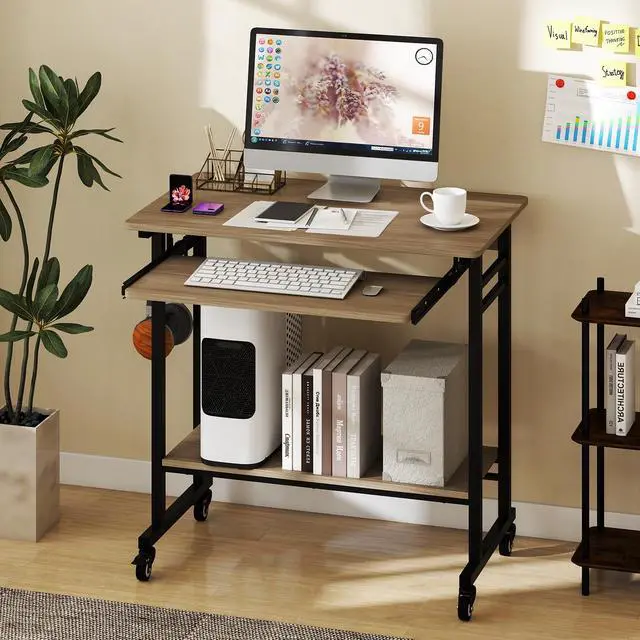 Alt view image 2 of 6 - Rolling Computer Desk Cart with Keyboard Tray, Mobile Portable Laptop PC Desk with CPU Stand & 3 Hooks for Sofa & Bed, Compact Small Desk on Wheels for Small Spaces (Grey)
