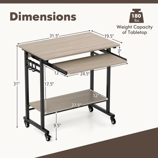 Alt view image 3 of 6 - Rolling Computer Desk Cart with Keyboard Tray, Mobile Portable Laptop PC Desk with CPU Stand & 3 Hooks for Sofa & Bed, Compact Small Desk on Wheels for Small Spaces (Grey)