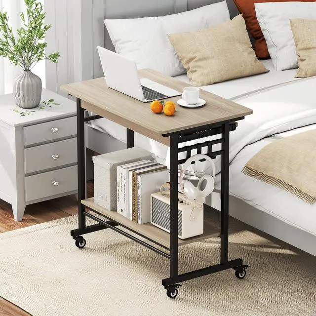 Alt view image 4 of 6 - Rolling Computer Desk Cart with Keyboard Tray, Mobile Portable Laptop PC Desk with CPU Stand & 3 Hooks for Sofa & Bed, Compact Small Desk on Wheels for Small Spaces (Grey)