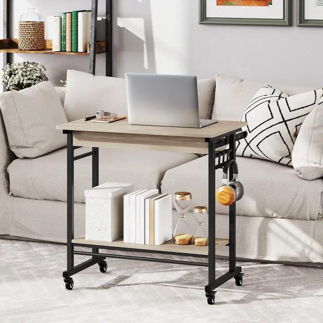 Alt view image 5 of 6 - Rolling Computer Desk Cart with Keyboard Tray, Mobile Portable Laptop PC Desk with CPU Stand & 3 Hooks for Sofa & Bed, Compact Small Desk on Wheels for Small Spaces (Grey)
