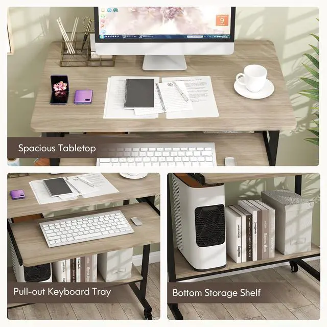 Alt view image 6 of 6 - Rolling Computer Desk Cart with Keyboard Tray, Mobile Portable Laptop PC Desk with CPU Stand & 3 Hooks for Sofa & Bed, Compact Small Desk on Wheels for Small Spaces (Grey)