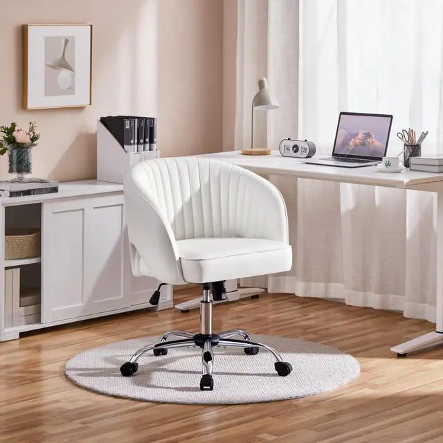 Alt view image 2 of 6 - Home Office Chair, Faux Leather Desk Chair, Modern Swivel Chair with Tufted Barrel Back, Rolling Wheels for Office,Study, Vanity, Bedroom White