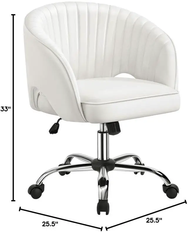 Alt view image 3 of 6 - Home Office Chair, Faux Leather Desk Chair, Modern Swivel Chair with Tufted Barrel Back, Rolling Wheels for Office,Study, Vanity, Bedroom White