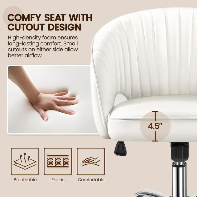 Alt view image 4 of 6 - Home Office Chair, Faux Leather Desk Chair, Modern Swivel Chair with Tufted Barrel Back, Rolling Wheels for Office,Study, Vanity, Bedroom White