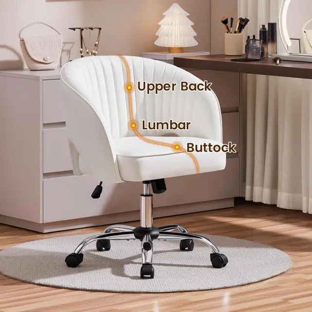 Alt view image 6 of 6 - Home Office Chair, Faux Leather Desk Chair, Modern Swivel Chair with Tufted Barrel Back, Rolling Wheels for Office,Study, Vanity, Bedroom White