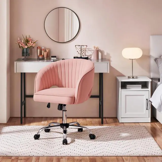 Alt view image 2 of 6 - Pink Desk Chair Cute Vanity Chair with Back & Modern Swivel Rolling Design for Home Office, Study, Vanity, Bedroom