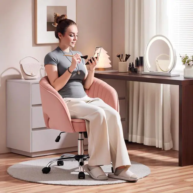Alt view image 3 of 6 - Pink Desk Chair Cute Vanity Chair with Back & Modern Swivel Rolling Design for Home Office, Study, Vanity, Bedroom