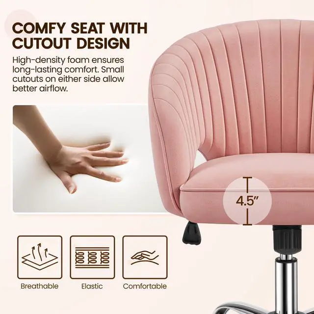Alt view image 5 of 6 - Pink Desk Chair Cute Vanity Chair with Back & Modern Swivel Rolling Design for Home Office, Study, Vanity, Bedroom