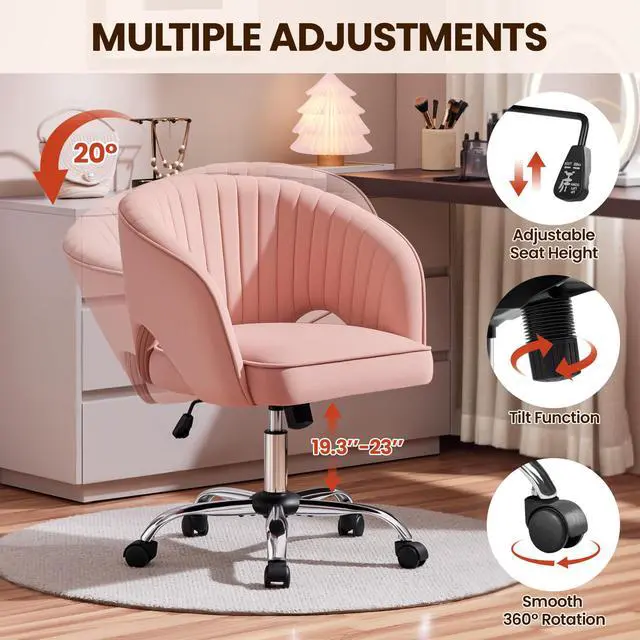 Alt view image 6 of 6 - Pink Desk Chair Cute Vanity Chair with Back & Modern Swivel Rolling Design for Home Office, Study, Vanity, Bedroom