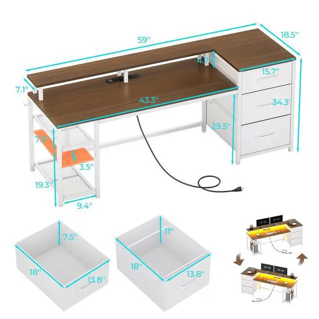 Alt view image 2 of 6 - 59" Office Desk with Drawers, Reversible Computer Desk with File Drawers & Storage, Gaming Desk with LED Lights & Power Outlet, Home Office Desks for Printer, White and Brown