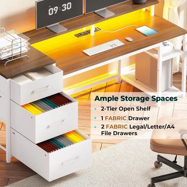 Alt view image 4 of 6 - 59" Office Desk with Drawers, Reversible Computer Desk with File Drawers & Storage, Gaming Desk with LED Lights & Power Outlet, Home Office Desks for Printer, White and Brown