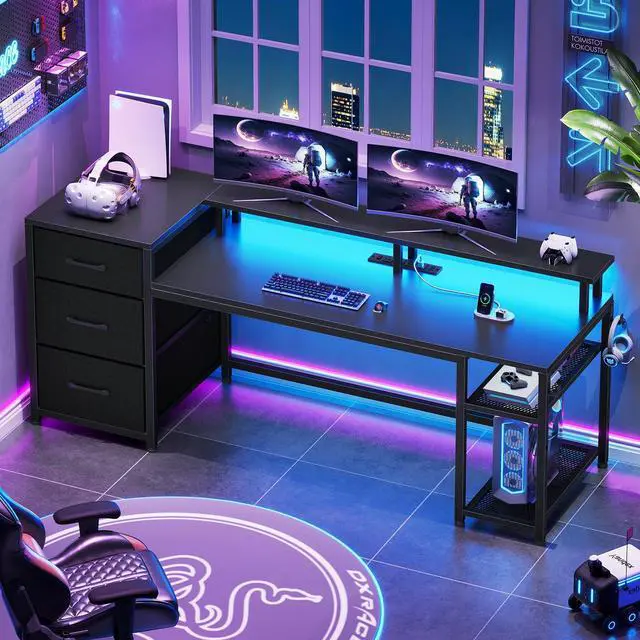 Main image of 59" Office Desk with Drawers, Reversible Computer Desk with File Drawers & Storage, Gaming Desk with LED Lights & Power Outlet, Home Office Desks for Printer, Black