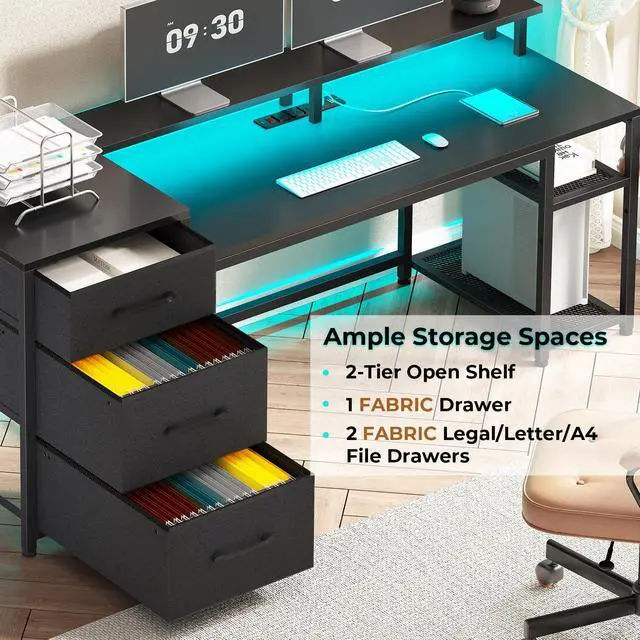 Alt view image 3 of 6 - 59" Office Desk with Drawers, Reversible Computer Desk with File Drawers & Storage, Gaming Desk with LED Lights & Power Outlet, Home Office Desks for Printer, Black
