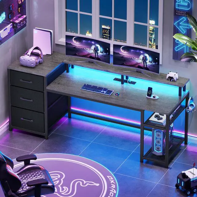 Main image of 59" Office Desk with File Drawers, Reversible Computer Gaming Desk with Storage, LED Lights & Power Outlet, Home Office Desks for Printer, Grey