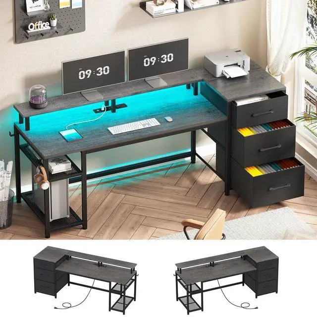 Alt view image 3 of 6 - 59" Office Desk with File Drawers, Reversible Computer Gaming Desk with Storage, LED Lights & Power Outlet, Home Office Desks for Printer, Grey