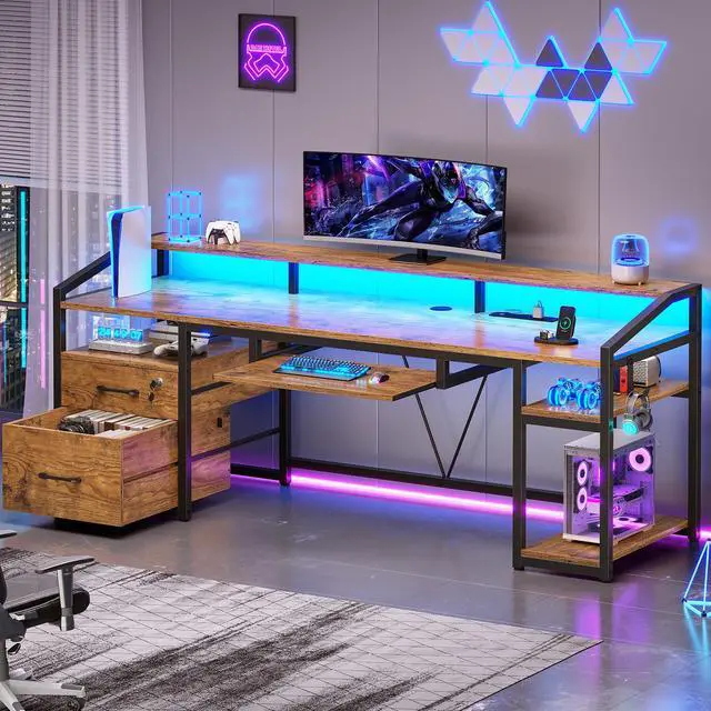 Alt view image 3 of 6 - 63" Computer Desk, Office Desk with Lock Drawers for Legal/Letter File, Gaming Desk with LED Light & Power Outlet, Home Office Desks for Printer, Rustic Brown