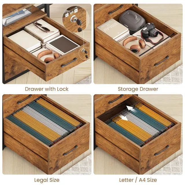 Alt view image 4 of 6 - 63" Computer Desk, Office Desk with Lock Drawers for Legal/Letter File, Gaming Desk with LED Light & Power Outlet, Home Office Desks for Printer, Rustic Brown