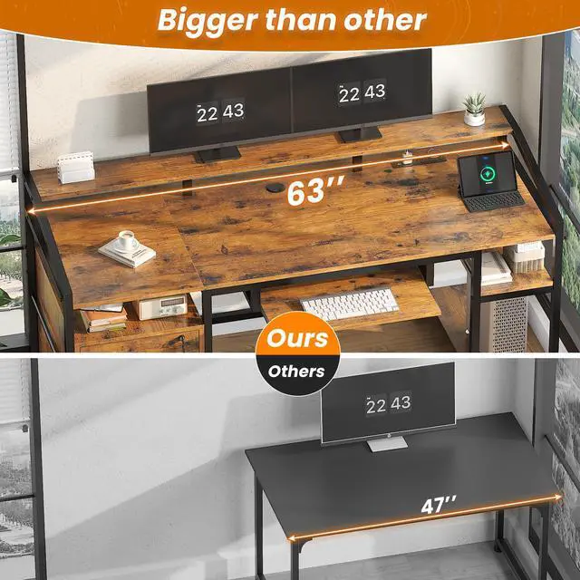 Alt view image 5 of 6 - 63" Computer Desk, Office Desk with Lock Drawers for Legal/Letter File, Gaming Desk with LED Light & Power Outlet, Home Office Desks for Printer, Rustic Brown
