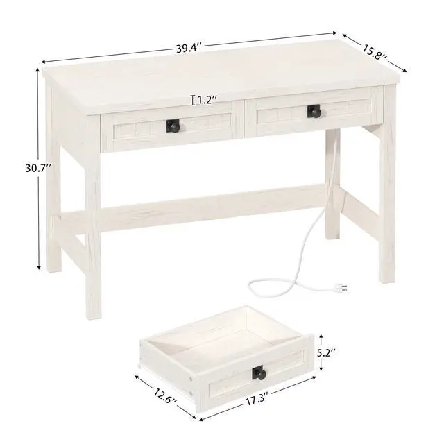 Alt view image 2 of 6 - Farmhouse Computer Desk with 2 Drawers, 39 Inch Small Office Computer Desk with Power Outlets, Compact Writing Study Vanity Desk for Small Spaces, White