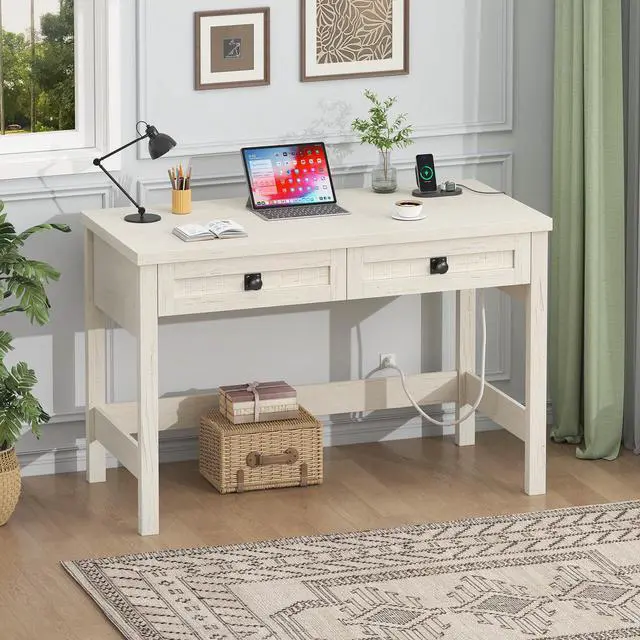 Alt view image 3 of 6 - Farmhouse Computer Desk with 2 Drawers, 39 Inch Small Office Computer Desk with Power Outlets, Compact Writing Study Vanity Desk for Small Spaces, White