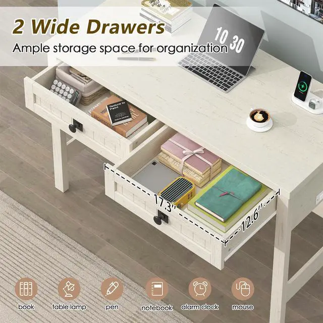 Alt view image 4 of 6 - Farmhouse Computer Desk with 2 Drawers, 39 Inch Small Office Computer Desk with Power Outlets, Compact Writing Study Vanity Desk for Small Spaces, White