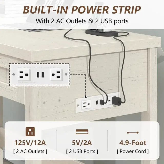 Alt view image 5 of 6 - Farmhouse Computer Desk with 2 Drawers, 39 Inch Small Office Computer Desk with Power Outlets, Compact Writing Study Vanity Desk for Small Spaces, White
