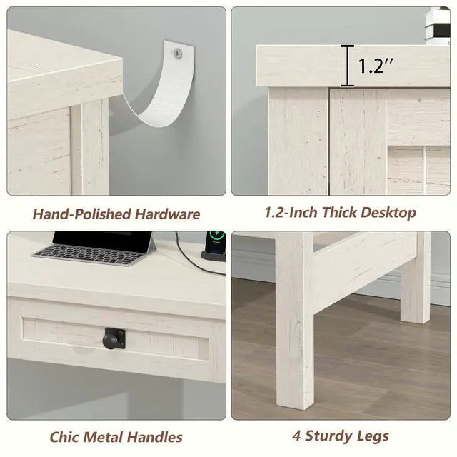 Alt view image 6 of 6 - Farmhouse Computer Desk with 2 Drawers, 39 Inch Small Office Computer Desk with Power Outlets, Compact Writing Study Vanity Desk for Small Spaces, White