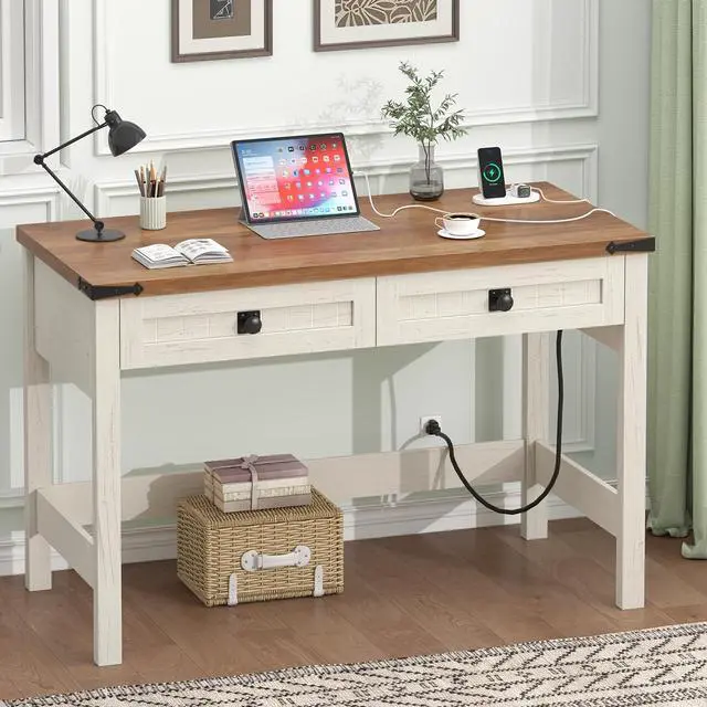 Main image of Farmhouse Computer Desk with 2 Drawers, 39 Inch Small Office Computer Desk with Power Outlets, Compact Writing Study Desk for Small Spaces, Antique White