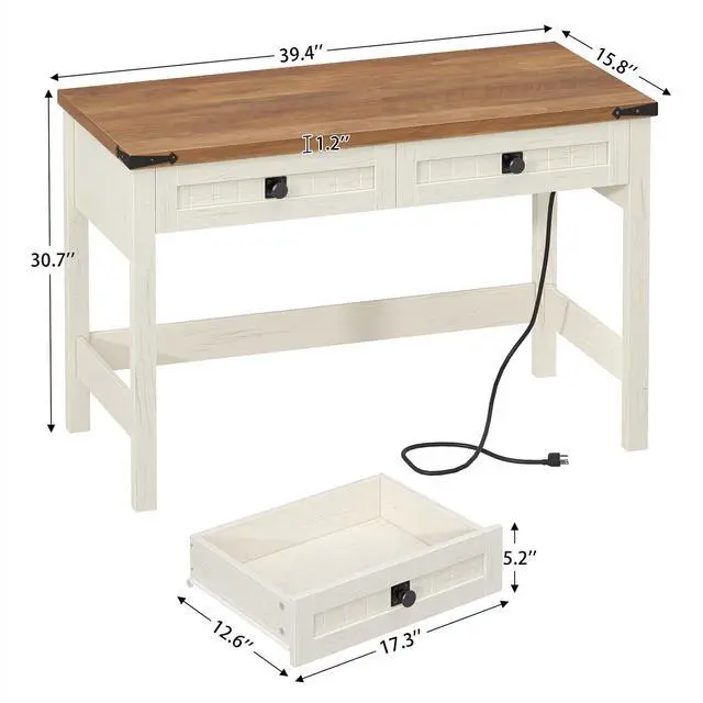 Alt view image 2 of 6 - Farmhouse Computer Desk with 2 Drawers, 39 Inch Small Office Computer Desk with Power Outlets, Compact Writing Study Desk for Small Spaces, Antique White
