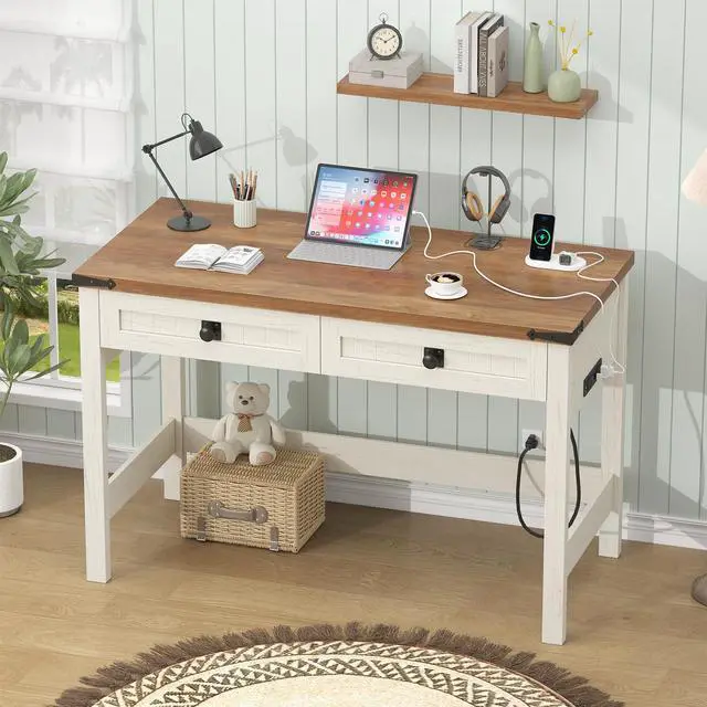 Alt view image 3 of 6 - Farmhouse Computer Desk with 2 Drawers, 39 Inch Small Office Computer Desk with Power Outlets, Compact Writing Study Desk for Small Spaces, Antique White