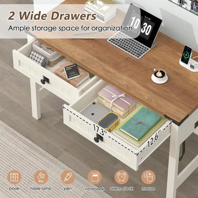 Alt view image 4 of 6 - Farmhouse Computer Desk with 2 Drawers, 39 Inch Small Office Computer Desk with Power Outlets, Compact Writing Study Desk for Small Spaces, Antique White