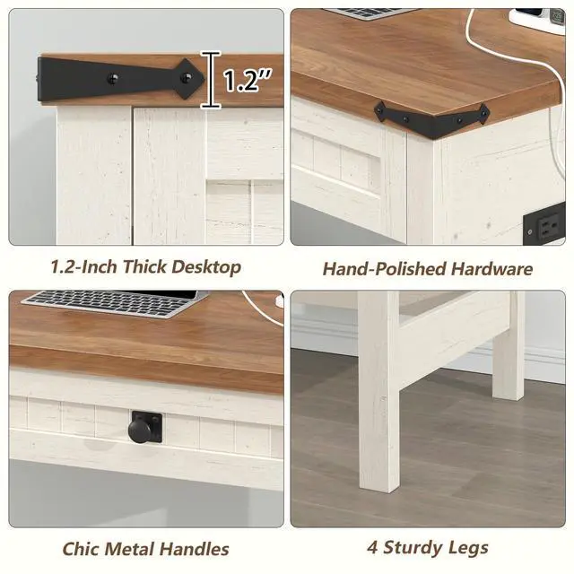Alt view image 6 of 6 - Farmhouse Computer Desk with 2 Drawers, 39 Inch Small Office Computer Desk with Power Outlets, Compact Writing Study Desk for Small Spaces, Antique White