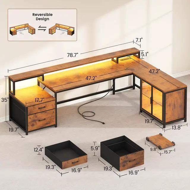 Alt view image 2 of 6 - 78.7 Large L Shaped Desk with Storage Drawers, Office Desk with File Drawer and Display Cabinet, L Shaped Gaming Desk with Storage, Power Outlet and LED Lights for Home Office, Rustic Brown