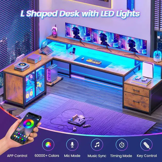Alt view image 3 of 6 - 78.7 Large L Shaped Desk with Storage Drawers, Office Desk with File Drawer and Display Cabinet, L Shaped Gaming Desk with Storage, Power Outlet and LED Lights for Home Office, Rustic Brown