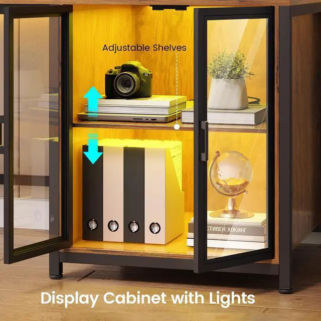 Alt view image 4 of 6 - 78.7 Large L Shaped Desk with Storage Drawers, Office Desk with File Drawer and Display Cabinet, L Shaped Gaming Desk with Storage, Power Outlet and LED Lights for Home Office, Rustic Brown