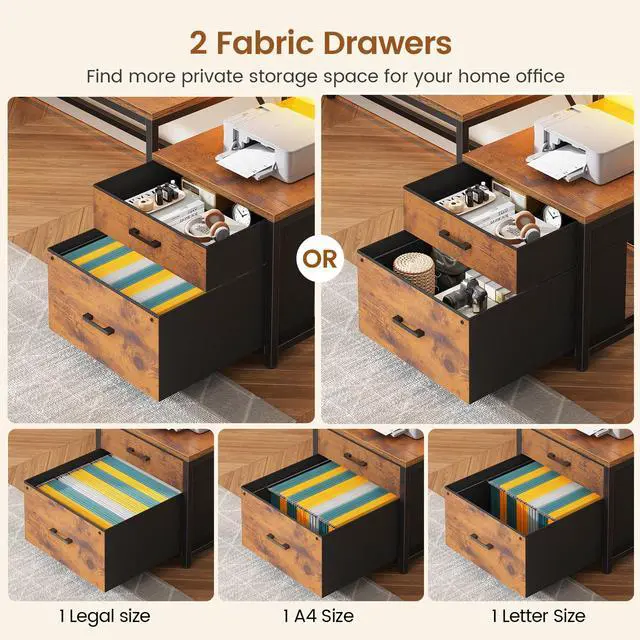 Alt view image 5 of 6 - 78.7 Large L Shaped Desk with Storage Drawers, Office Desk with File Drawer and Display Cabinet, L Shaped Gaming Desk with Storage, Power Outlet and LED Lights for Home Office, Rustic Brown