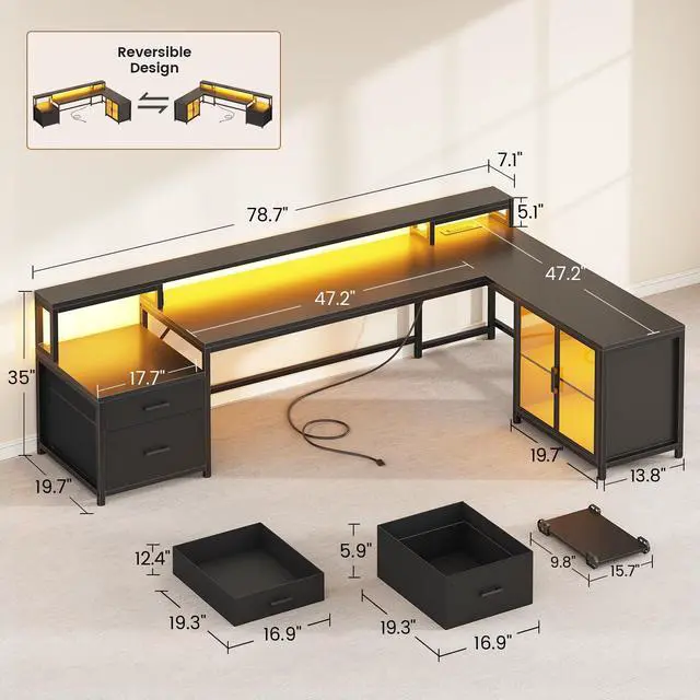 Alt view image 2 of 6 - L Shaped Gaming Desk, 78.7 Large Computer Desk with Drawers and Power Outlet & LED Light, Corner Gaming Desk with Storage Shelves, Display Cabinet for Home Office, Black