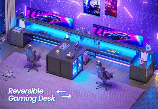 Alt view image 3 of 6 - L Shaped Gaming Desk, 78.7 Large Computer Desk with Drawers and Power Outlet & LED Light, Corner Gaming Desk with Storage Shelves, Display Cabinet for Home Office, Black
