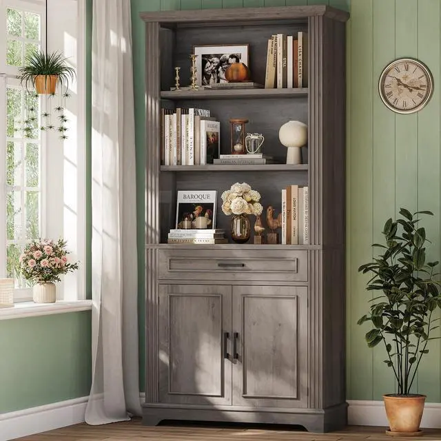 Main image of Farmhouse Bookshelves and Bookcases with Doors and Drawer, Bookshelf with Storage, Floor Standing 6 Shelf Display Storage Shelves 70 in Tall Bookshelf for Home Office, Living Room, Grey