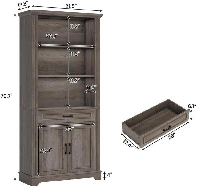 Alt view image 2 of 6 - Farmhouse Bookshelves and Bookcases with Doors and Drawer, Bookshelf with Storage, Floor Standing 6 Shelf Display Storage Shelves 70 in Tall Bookshelf for Home Office, Living Room, Grey